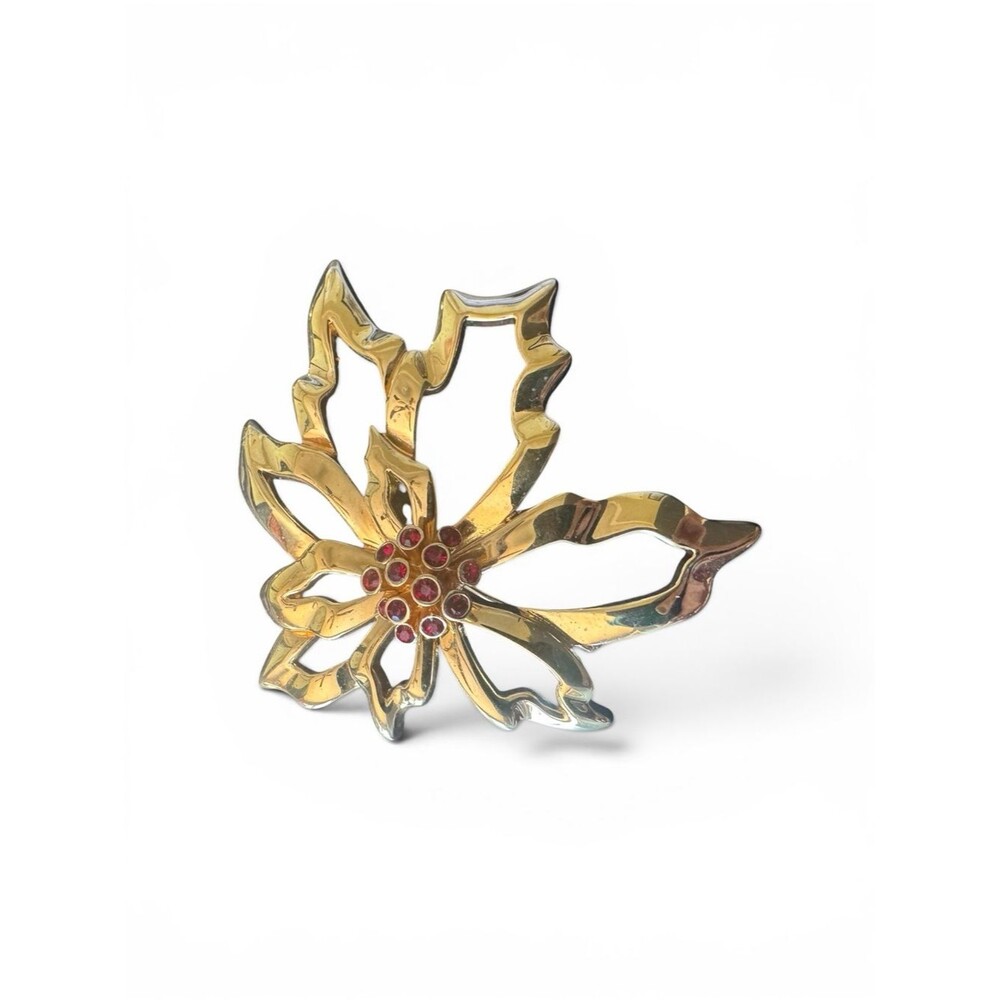 Vintage St. John Gold-tone Openwork Poinsettia Brooch Pin Red Rhinestone Accents